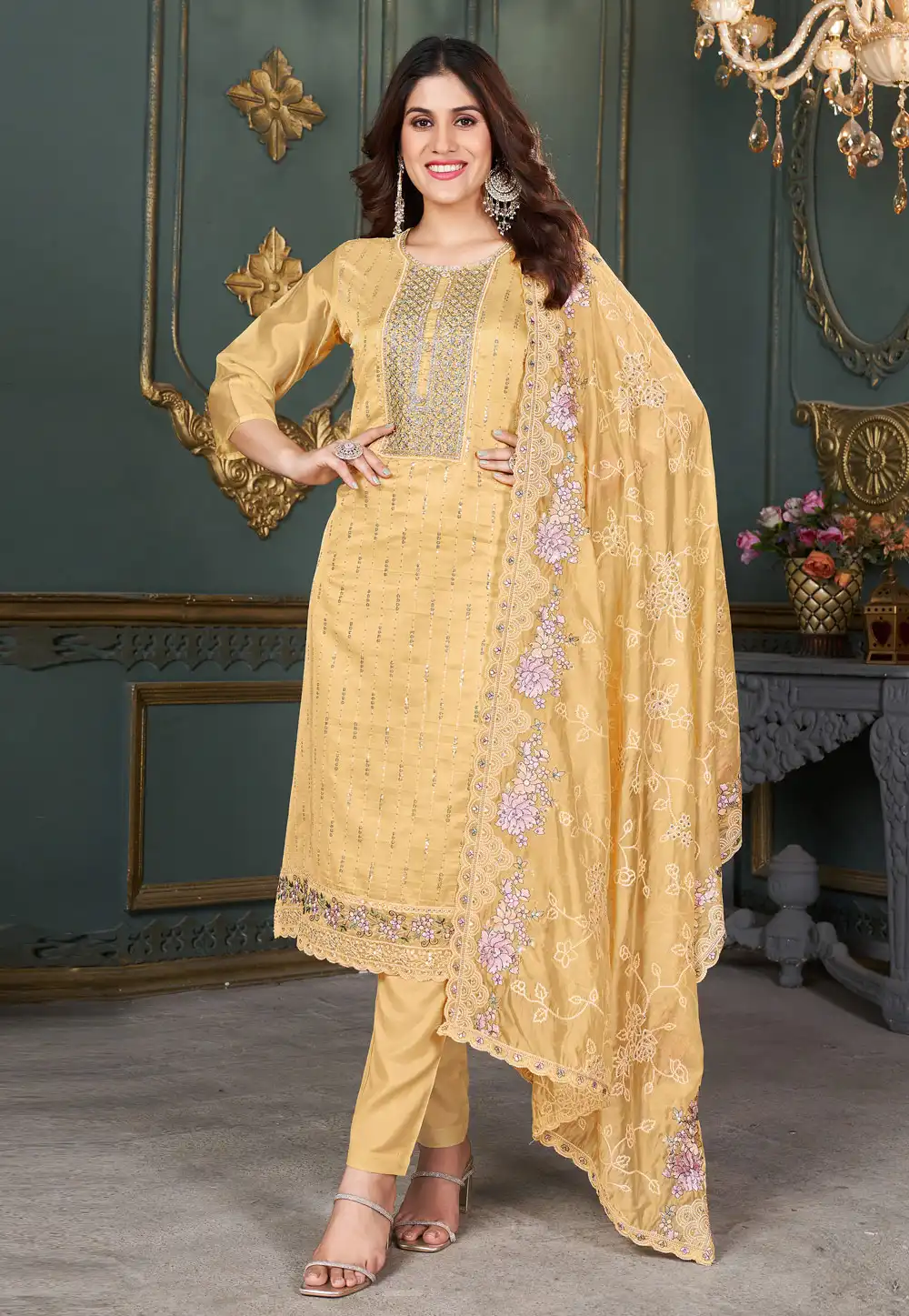 Yellow Organza Straight Suit 289852