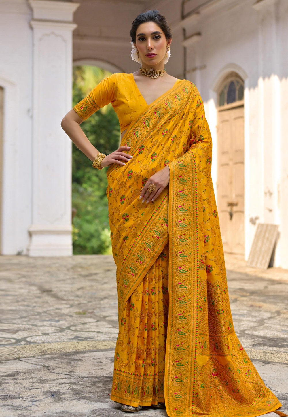 Yellow Pashmina Saree With Blouse 305671