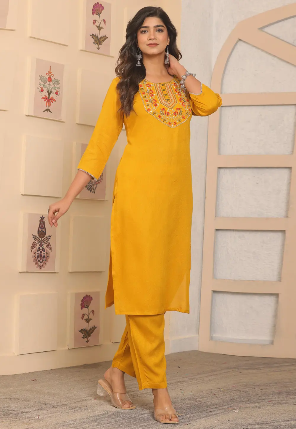 Yellow Rayon Kurta Set With Pent 301401