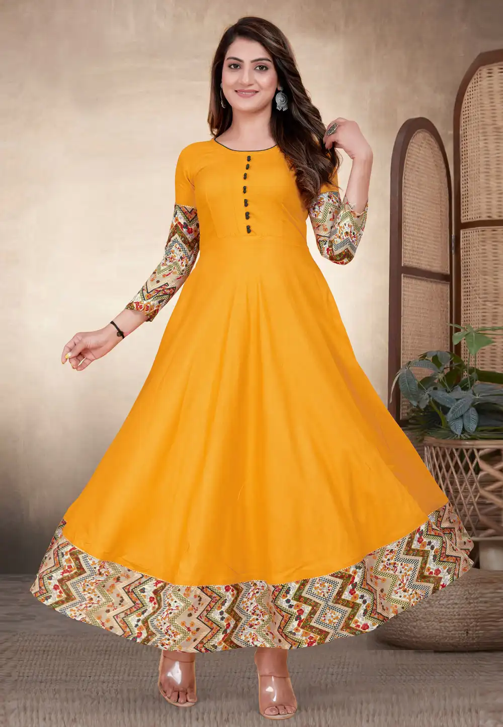 Yellow Rayon Printed Gown 294518