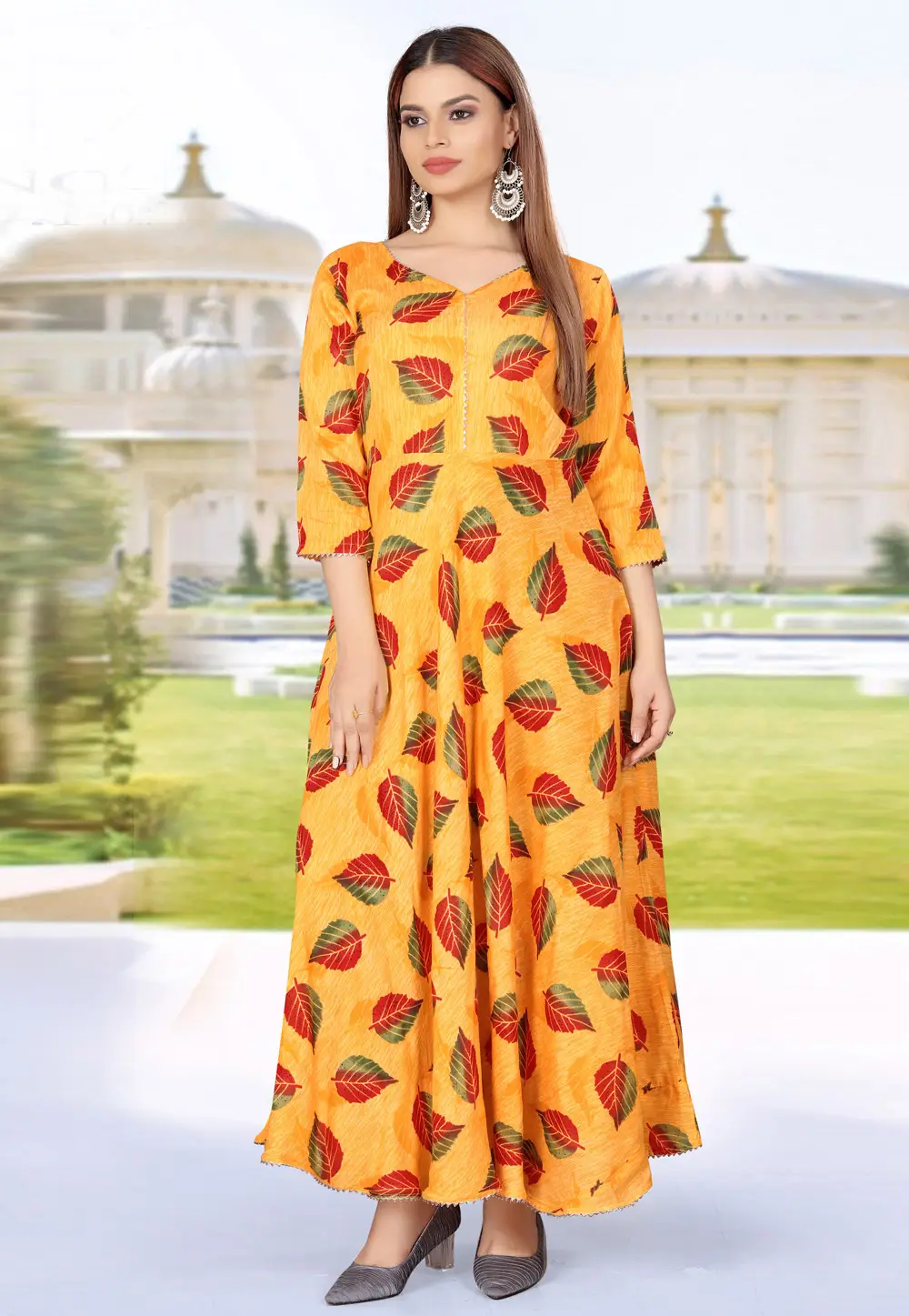 Yellow Rayon Printed Gown 297046