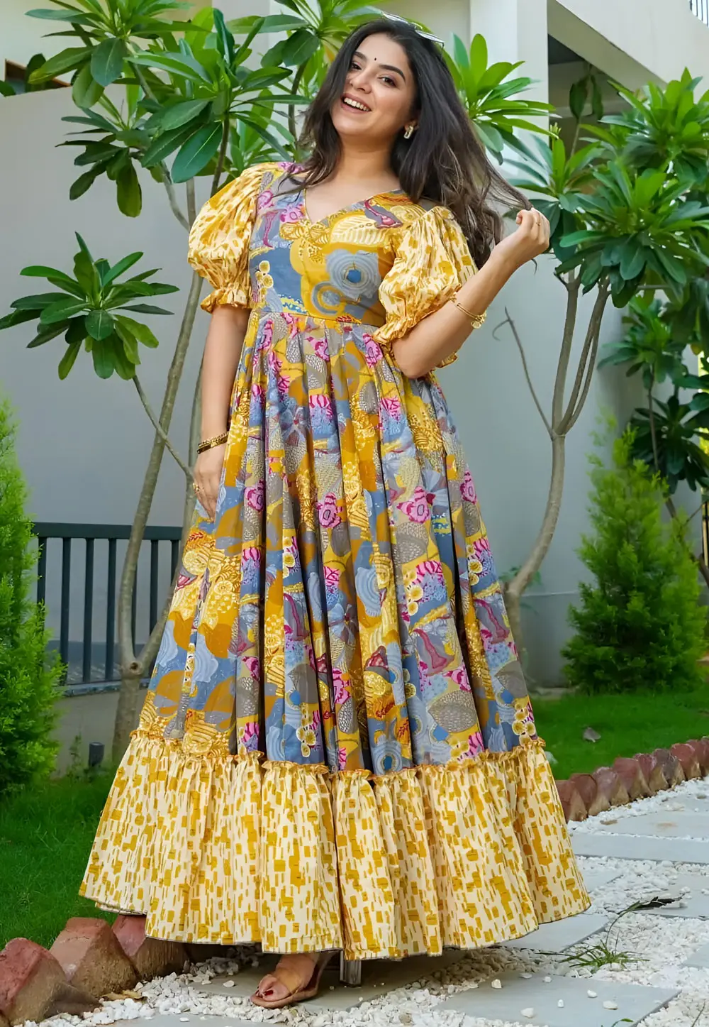 Yellow Rayon Printed Gown 303580