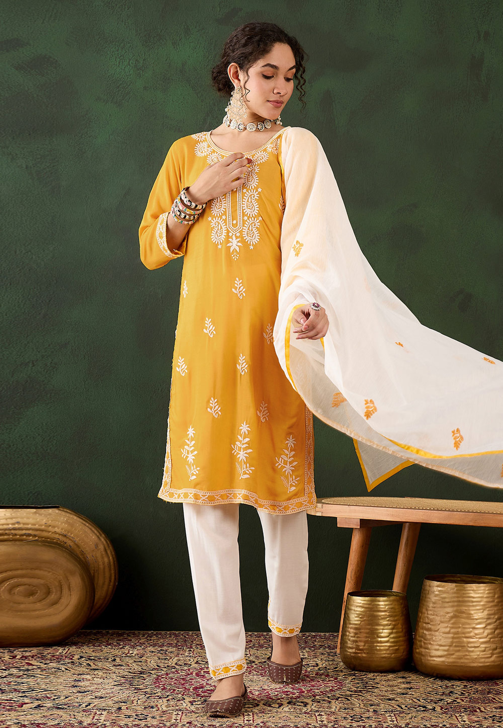Yellow Rayon Readymade Chikankari Suit 310602
