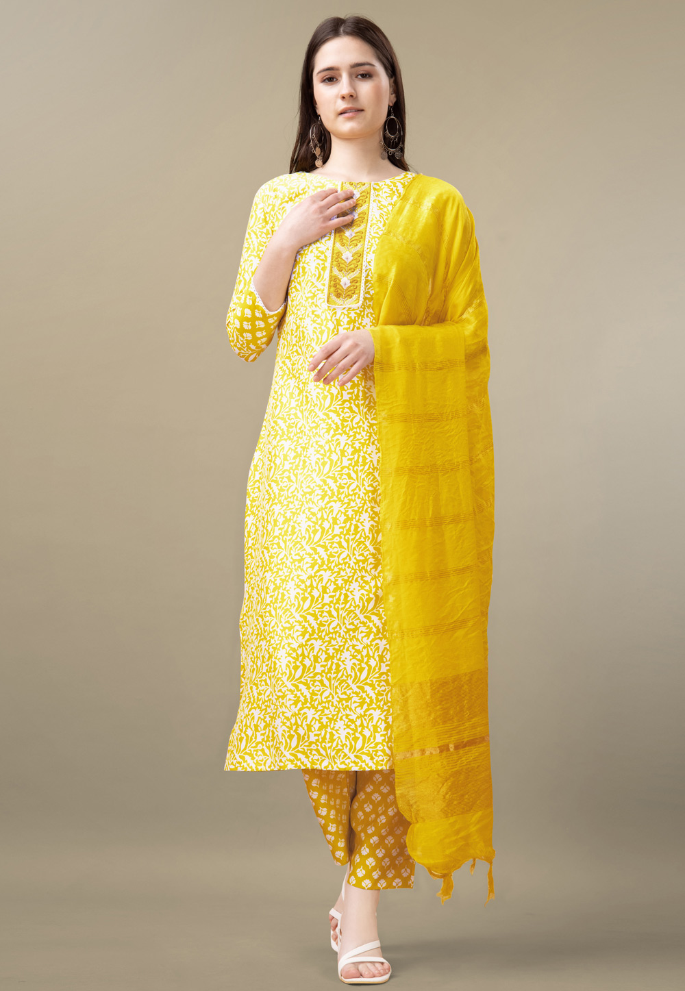 Yellow Rayon Readymade Pant Style Suit 282488