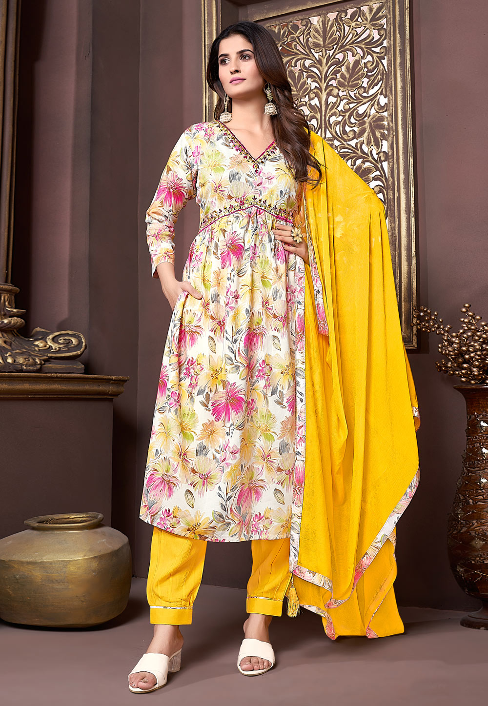 Yellow Rayon Readymade Pant Style Suit 284304