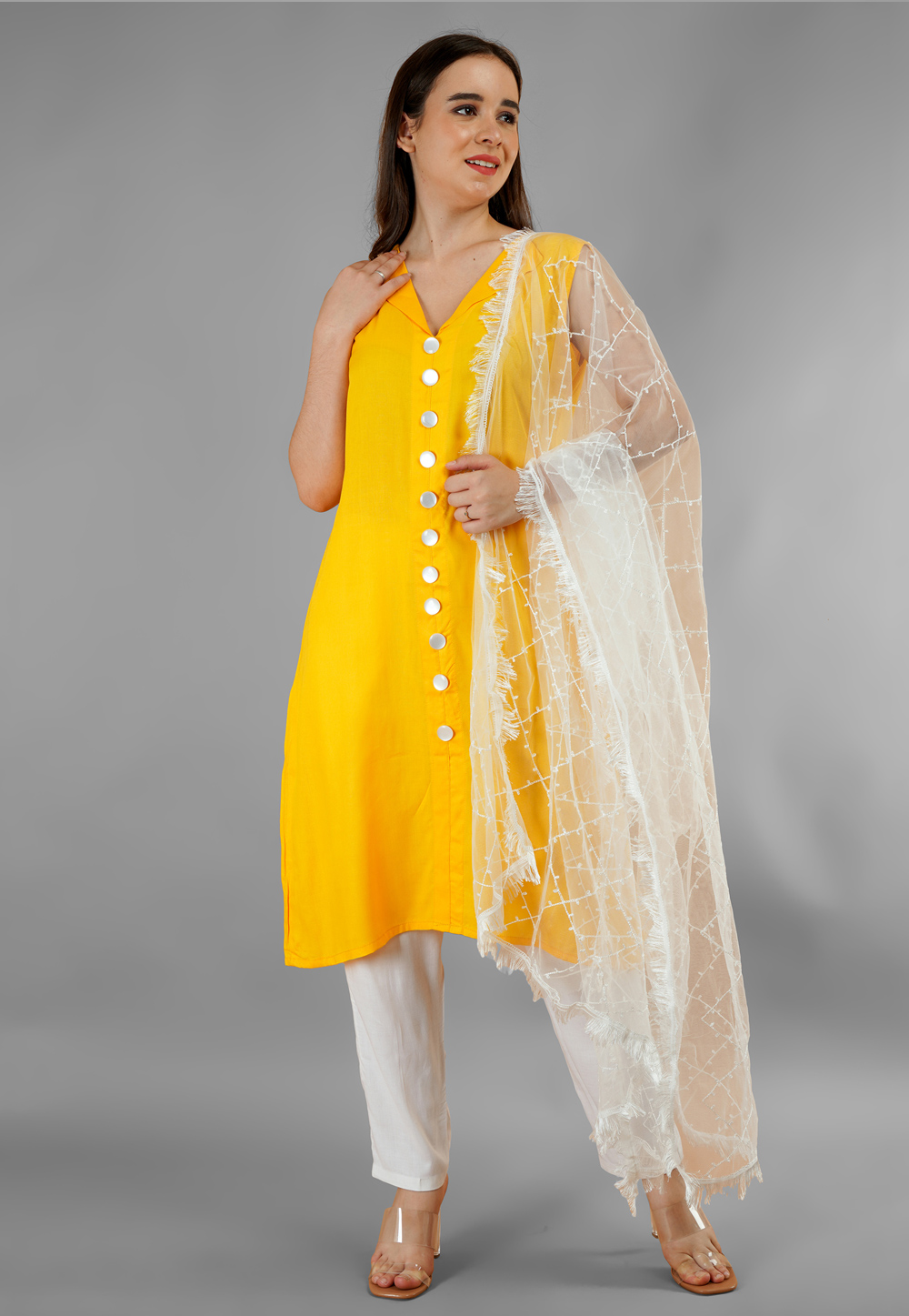 Yellow Rayon Readymade Pant Style Suit 282793