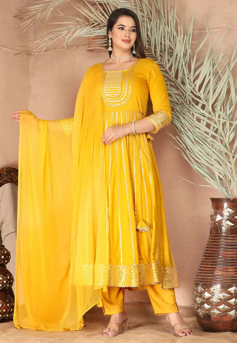 Yellow Rayon Readymade Pant Style Suit 292777