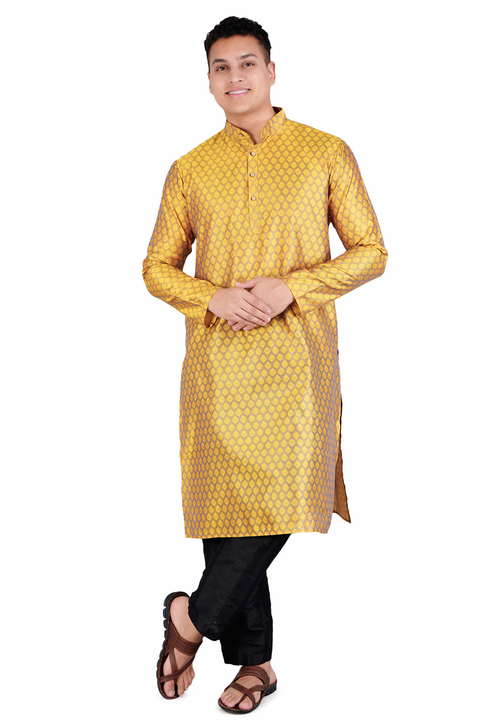 Yellow Satin Jacquard Kurta Pajama 278236