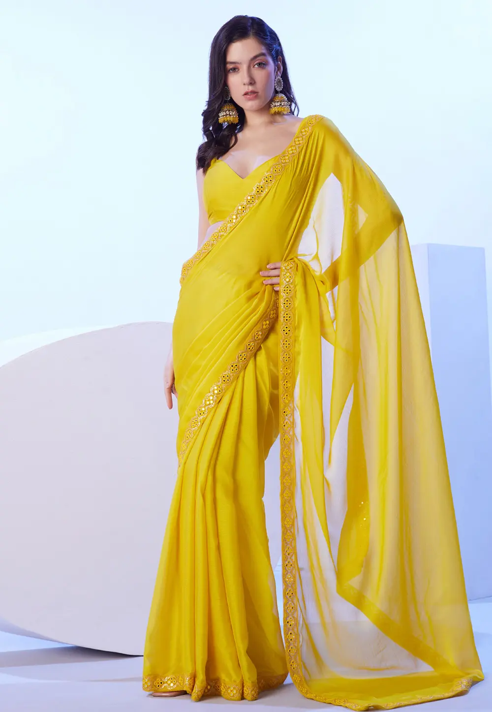 Yellow Satin Saree With Blouse 302803