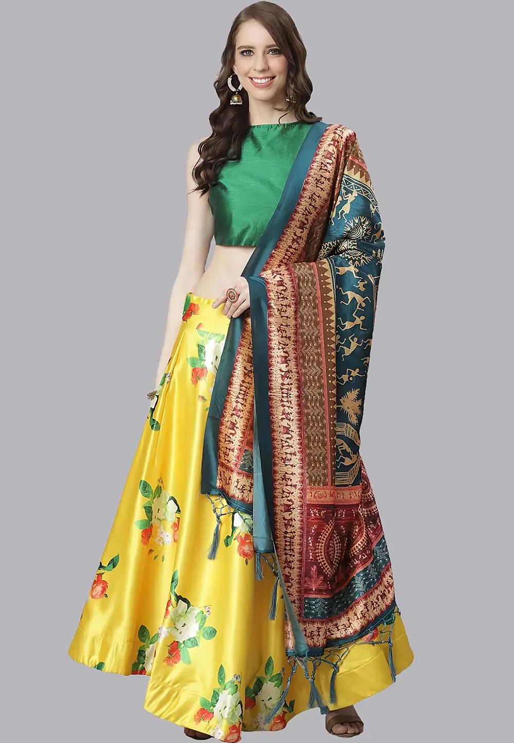 Yellow Satin Silk Floral Lehenga choli 297150