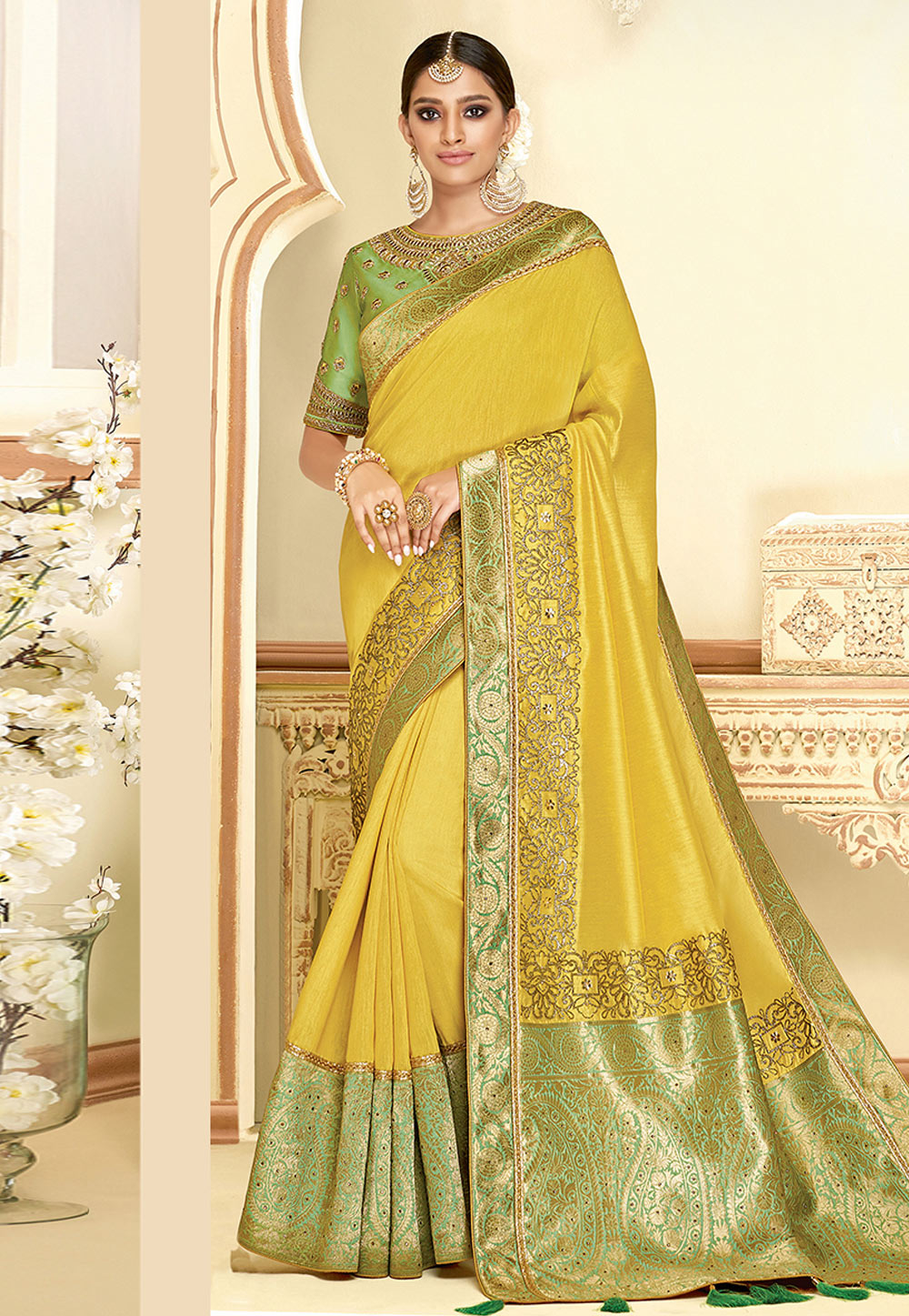 Yellow Satin Silk Saree With Blouse 280417