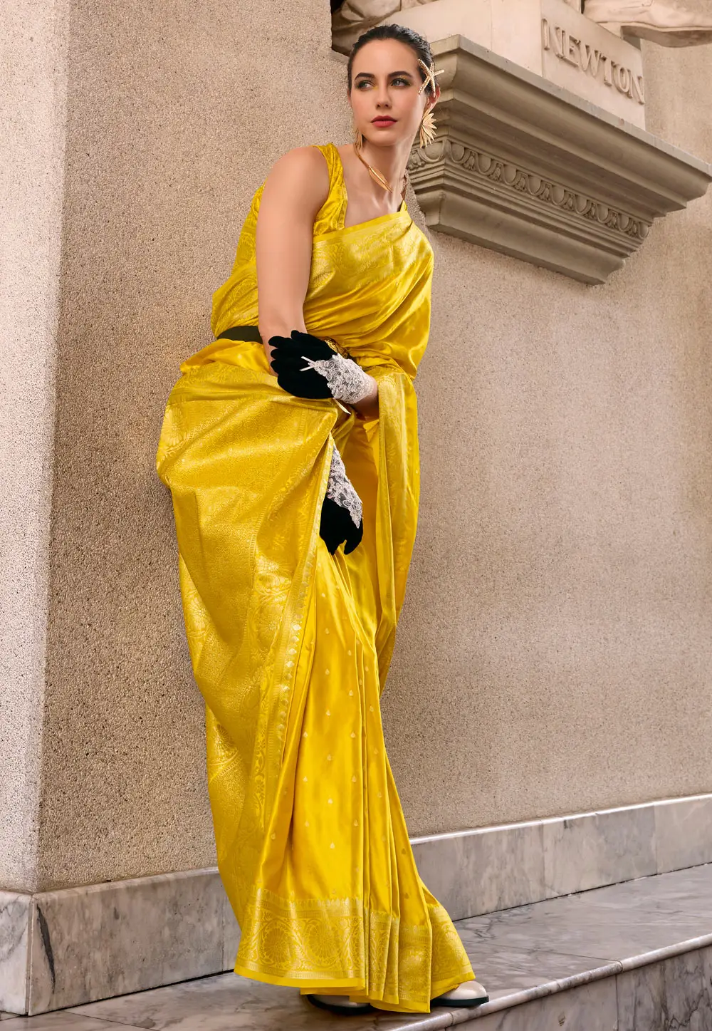 Yellow Satin Silk Saree With Blouse 296540