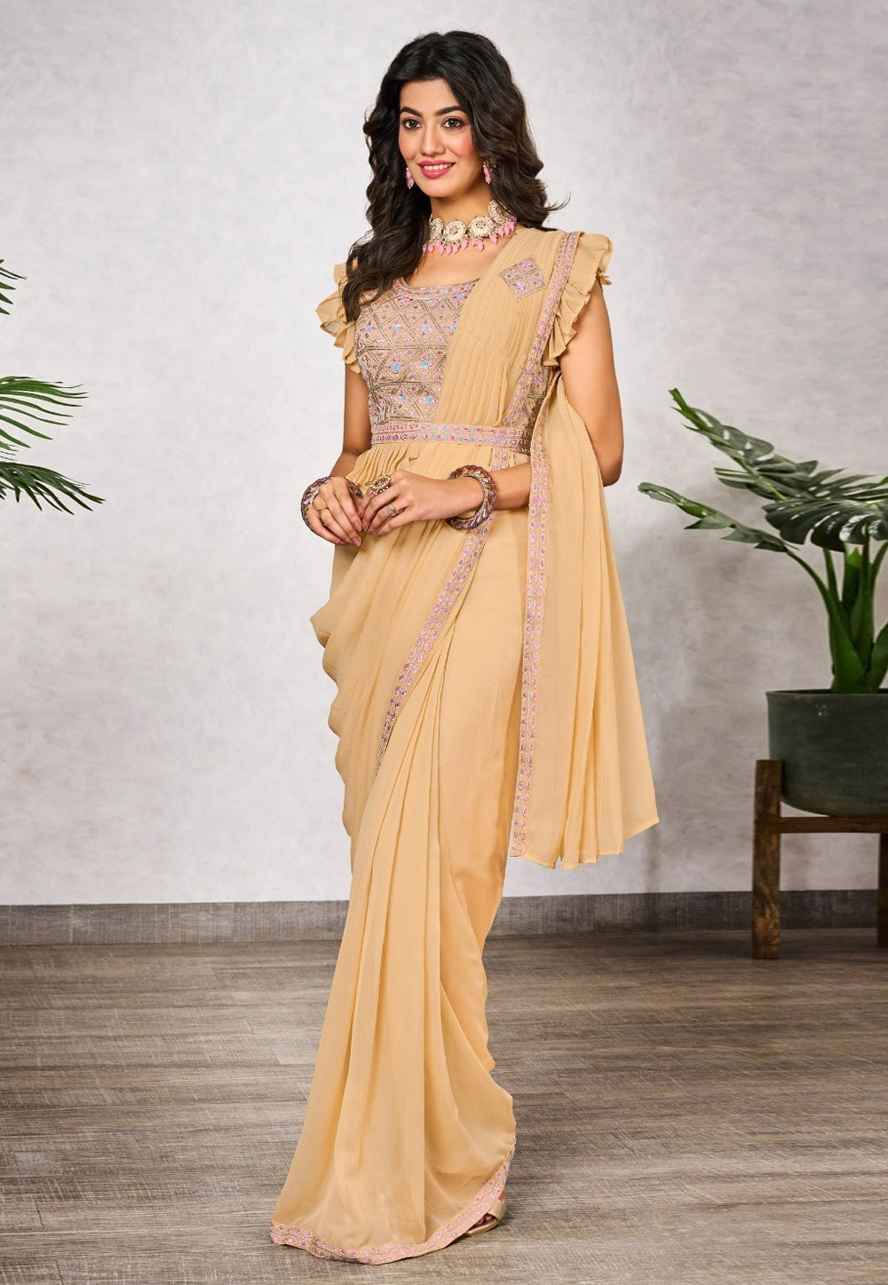 Yellow Shimmer Georgette Saree With Blouse 309419