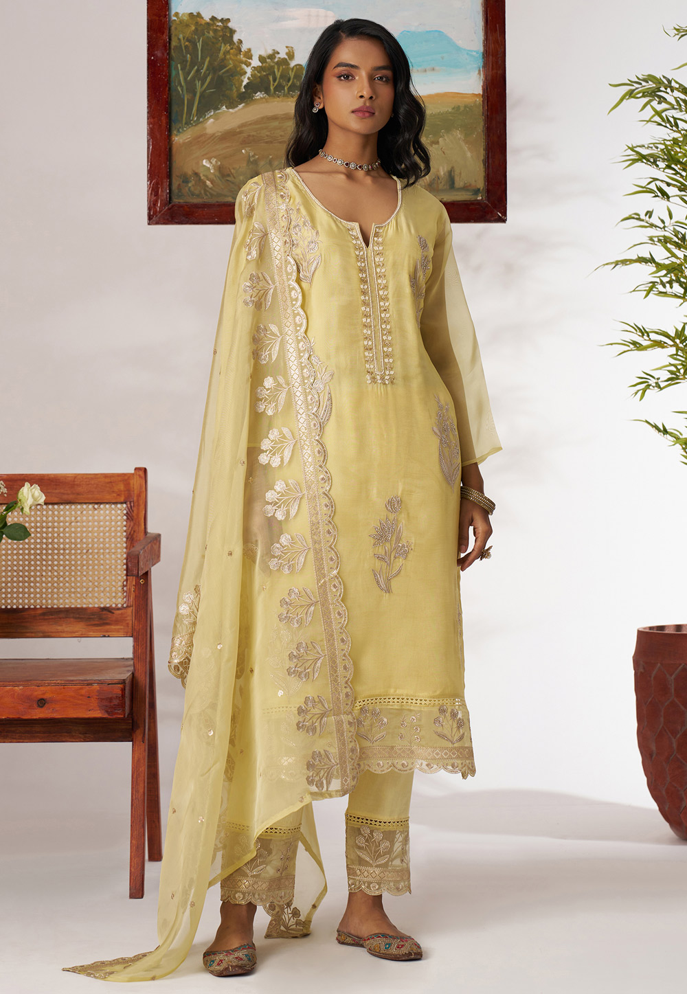 Yellow Shimmer Pant Style Suit 305520