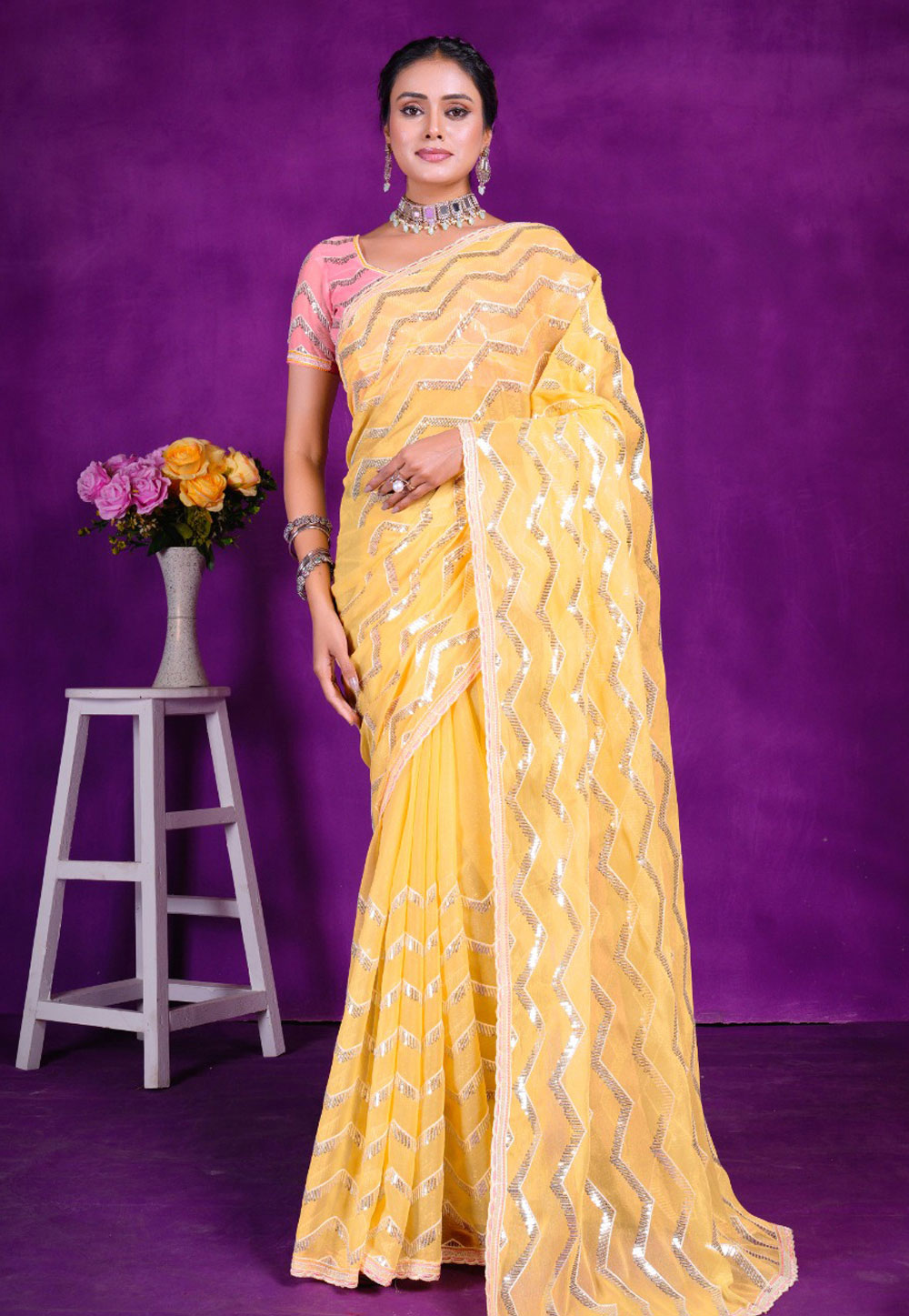 Yellow Shimmer Sequence Saree 285494