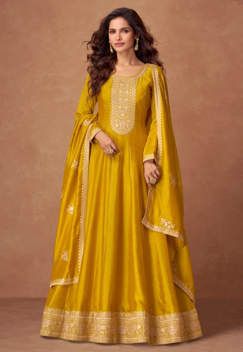 Yellow Silk Anarkali Suit 304648