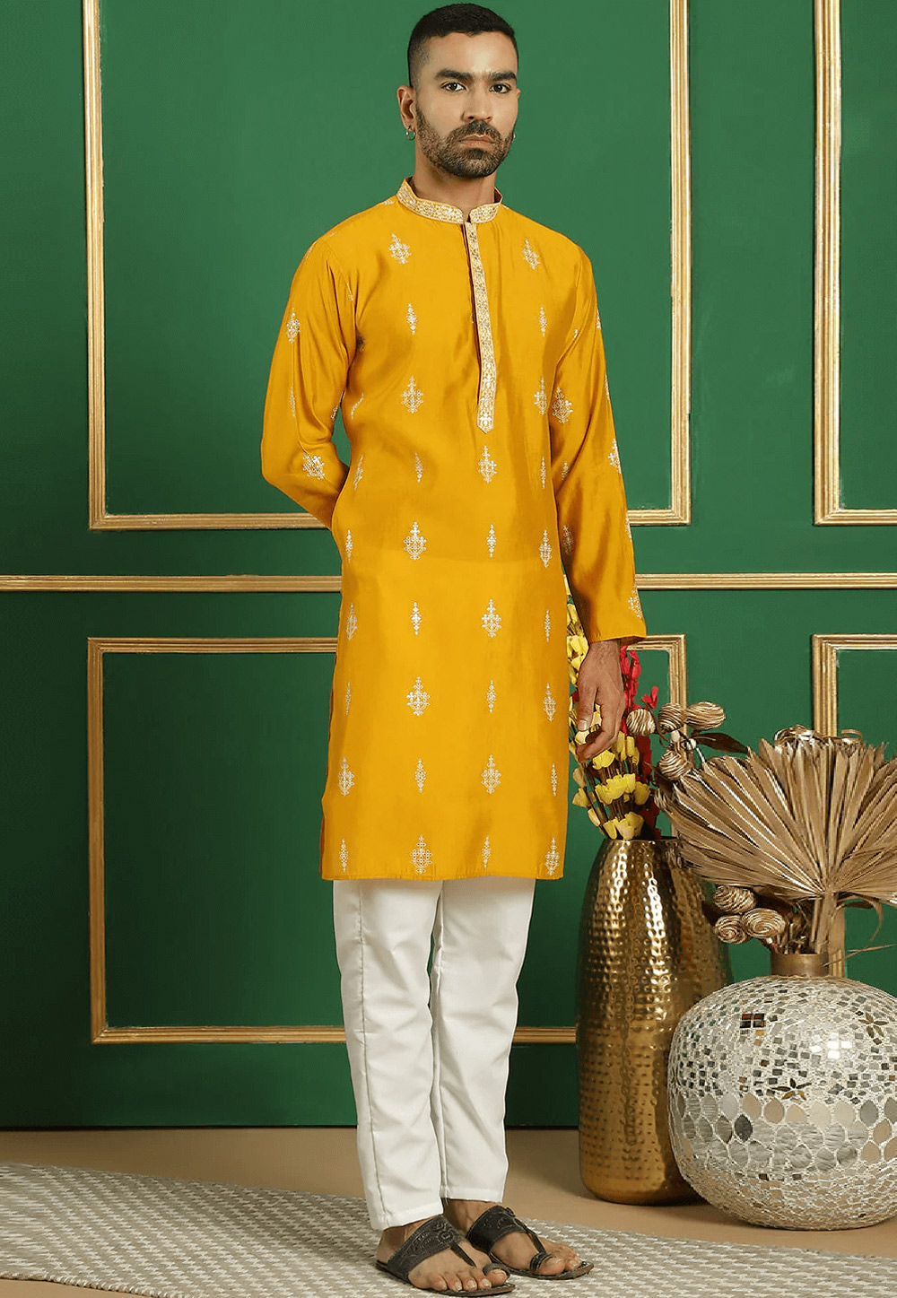 Yellow Silk Cotton Kurta Pajama 287622