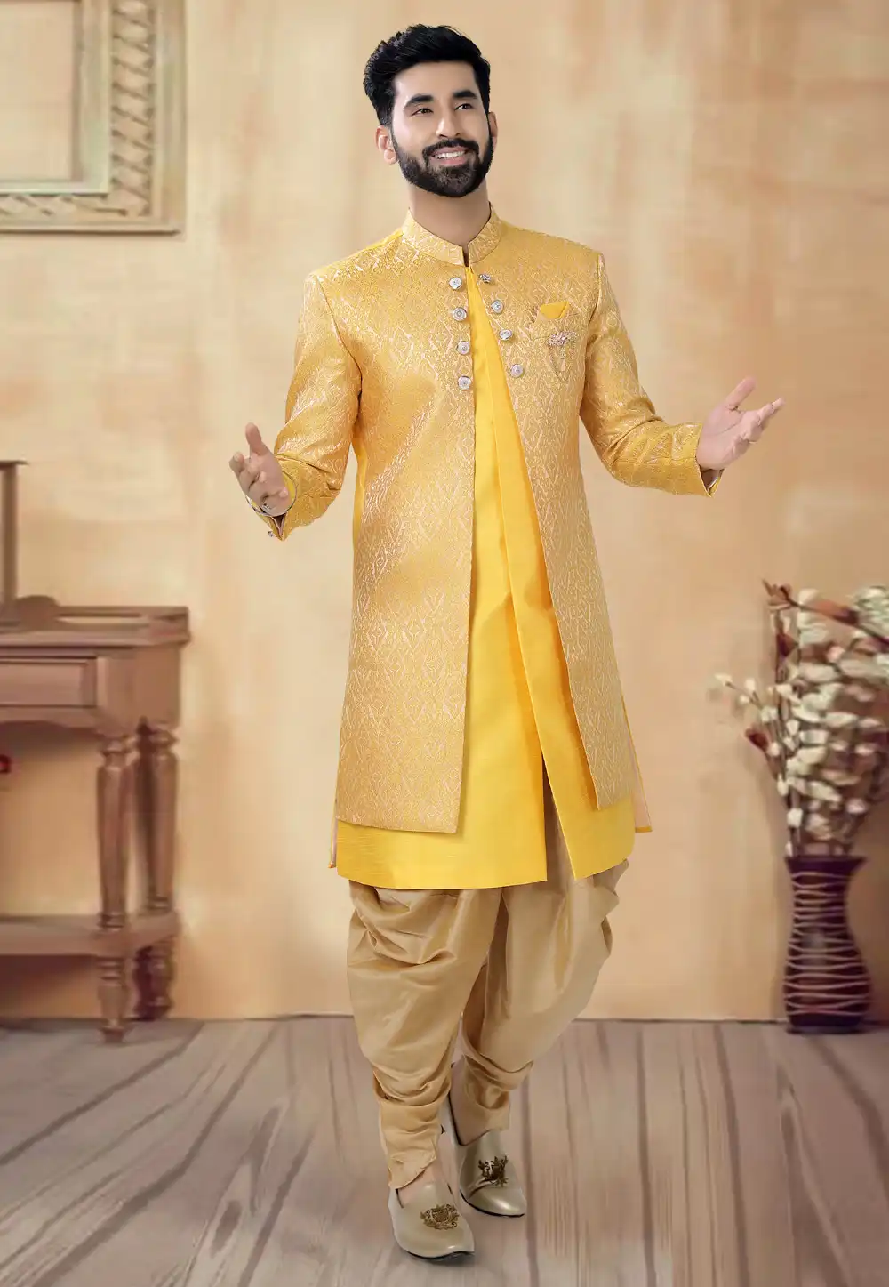 Yellow Silk Dhoti Sherwani 292413