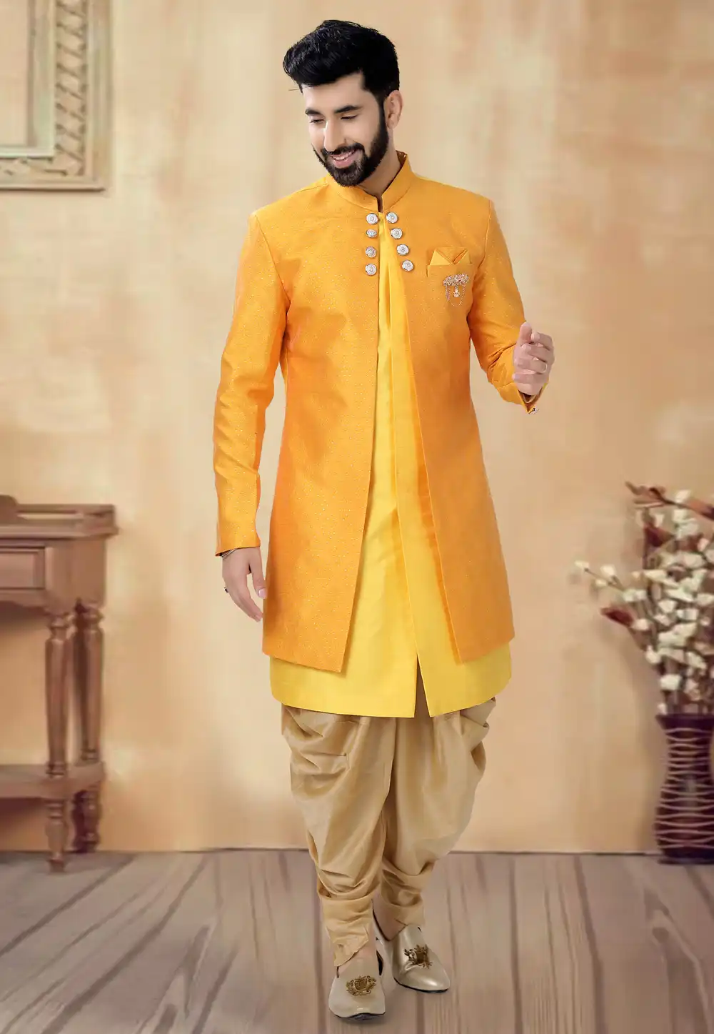 Yellow Silk Dhoti Sherwani 292414