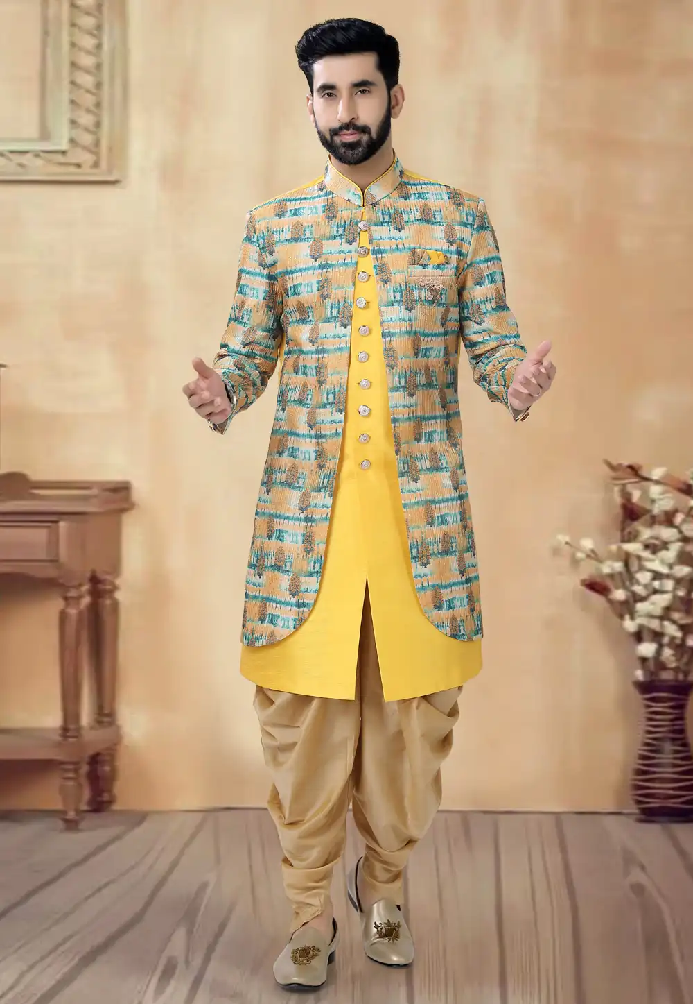 Yellow Silk Dhoti Sherwani 292415