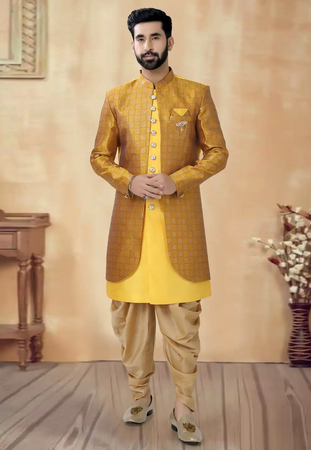 Yellow Silk Dhoti Sherwani 292416