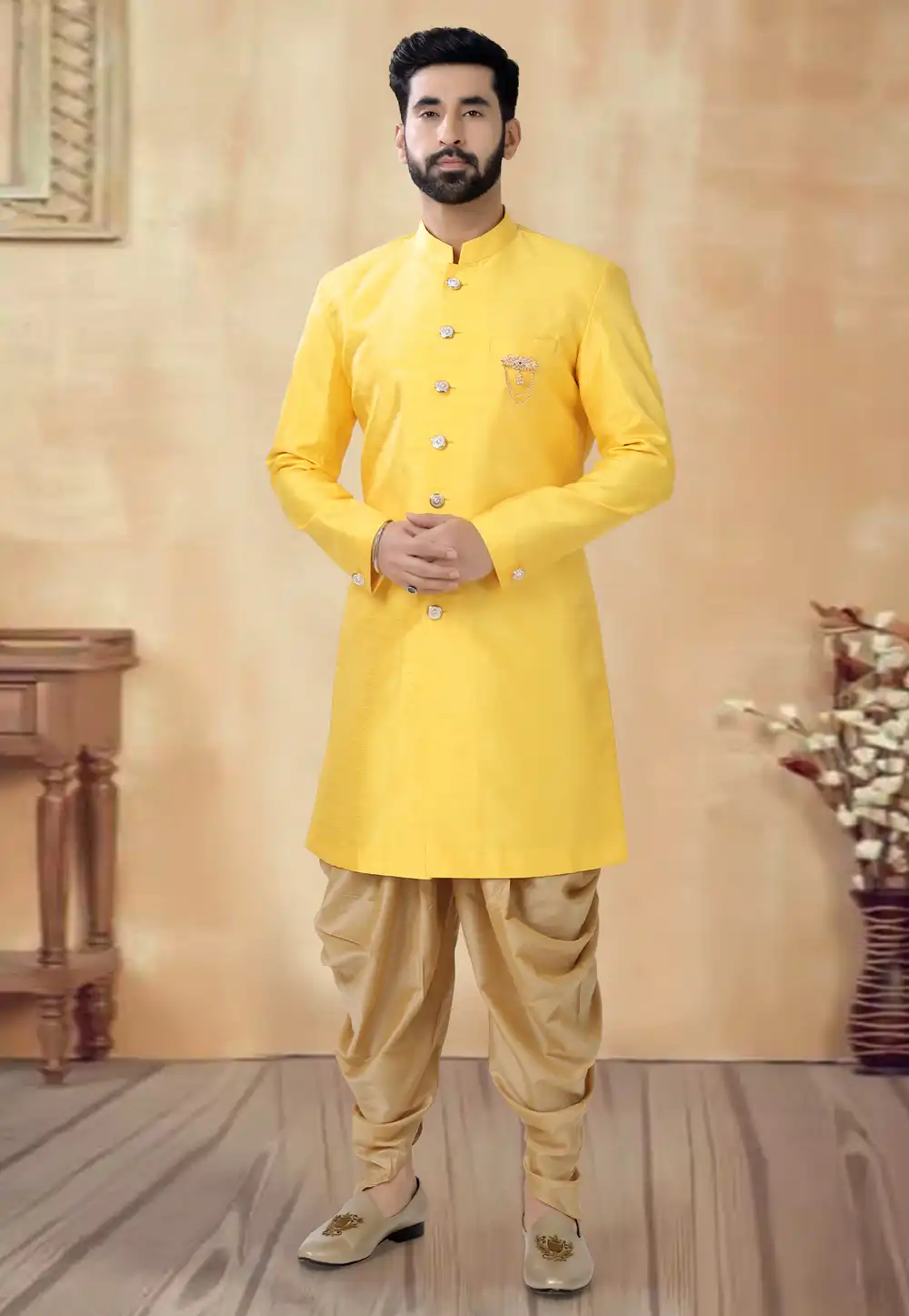 Yellow Silk Dhoti Sherwani 292418