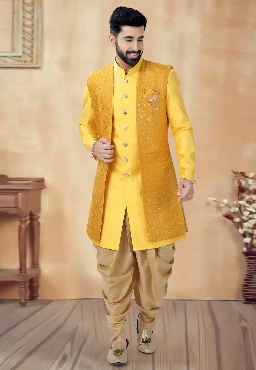 Yellow Silk Dhoti Sherwani 292419