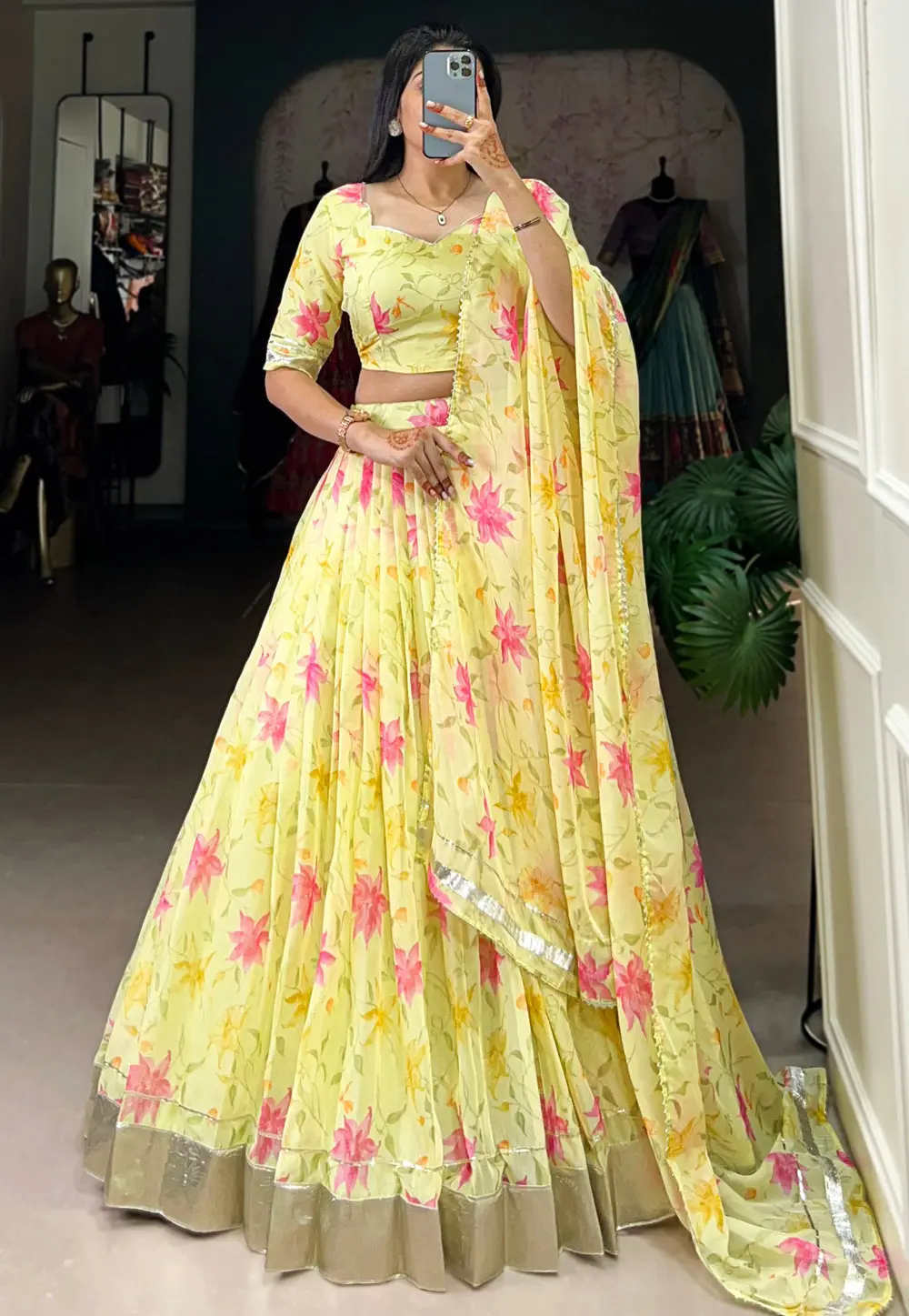 Yellow Silk Floral print Lehenga choli 303671