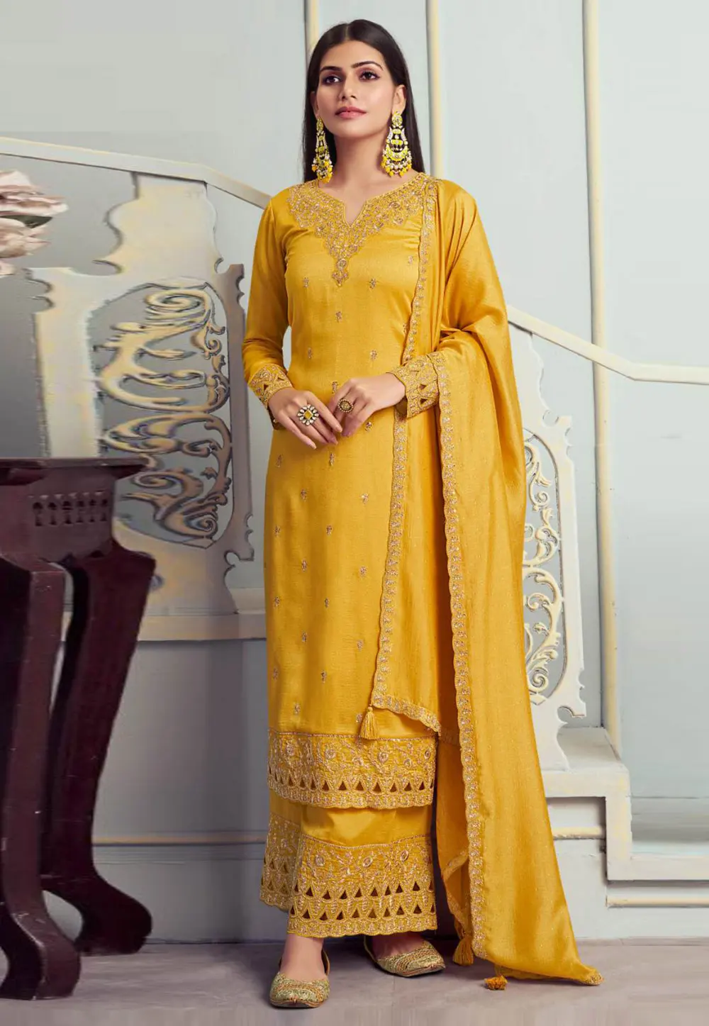 Yellow Silk Georgette Palazzo Suit 301092