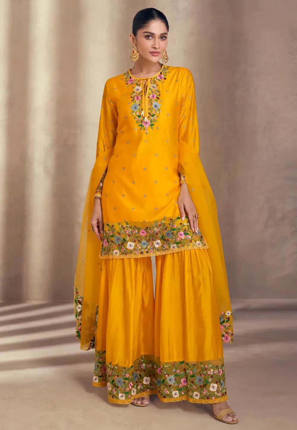 Yellow Silk Georgette Sharara Suit 292800