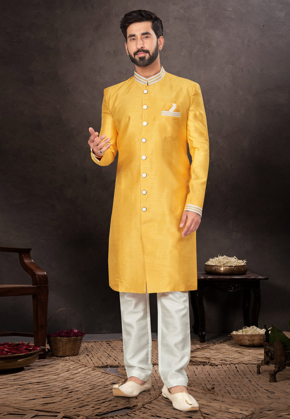 Yellow Silk Indo Western Suit 283967