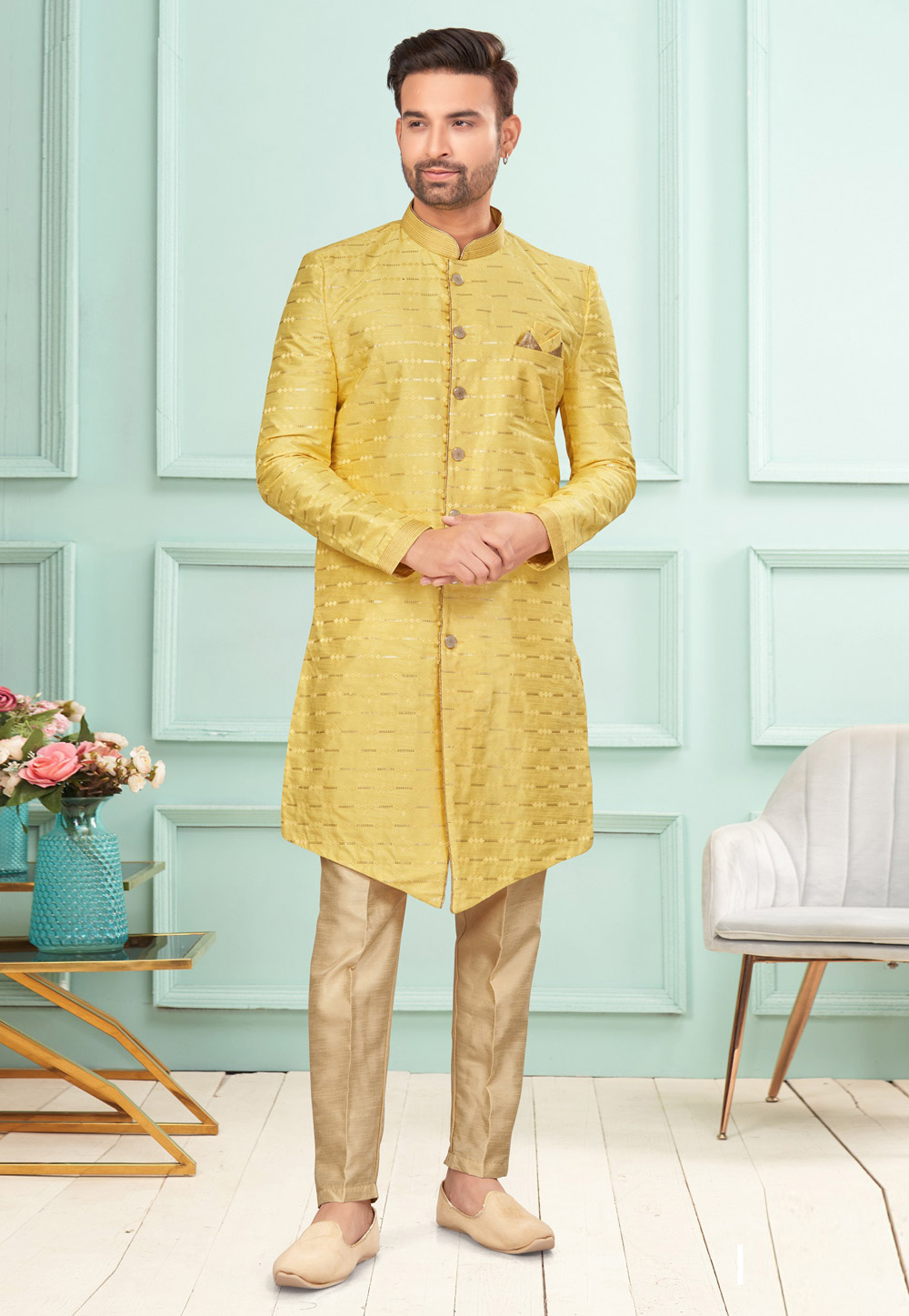 Yellow Silk Indo Western Suit 283925