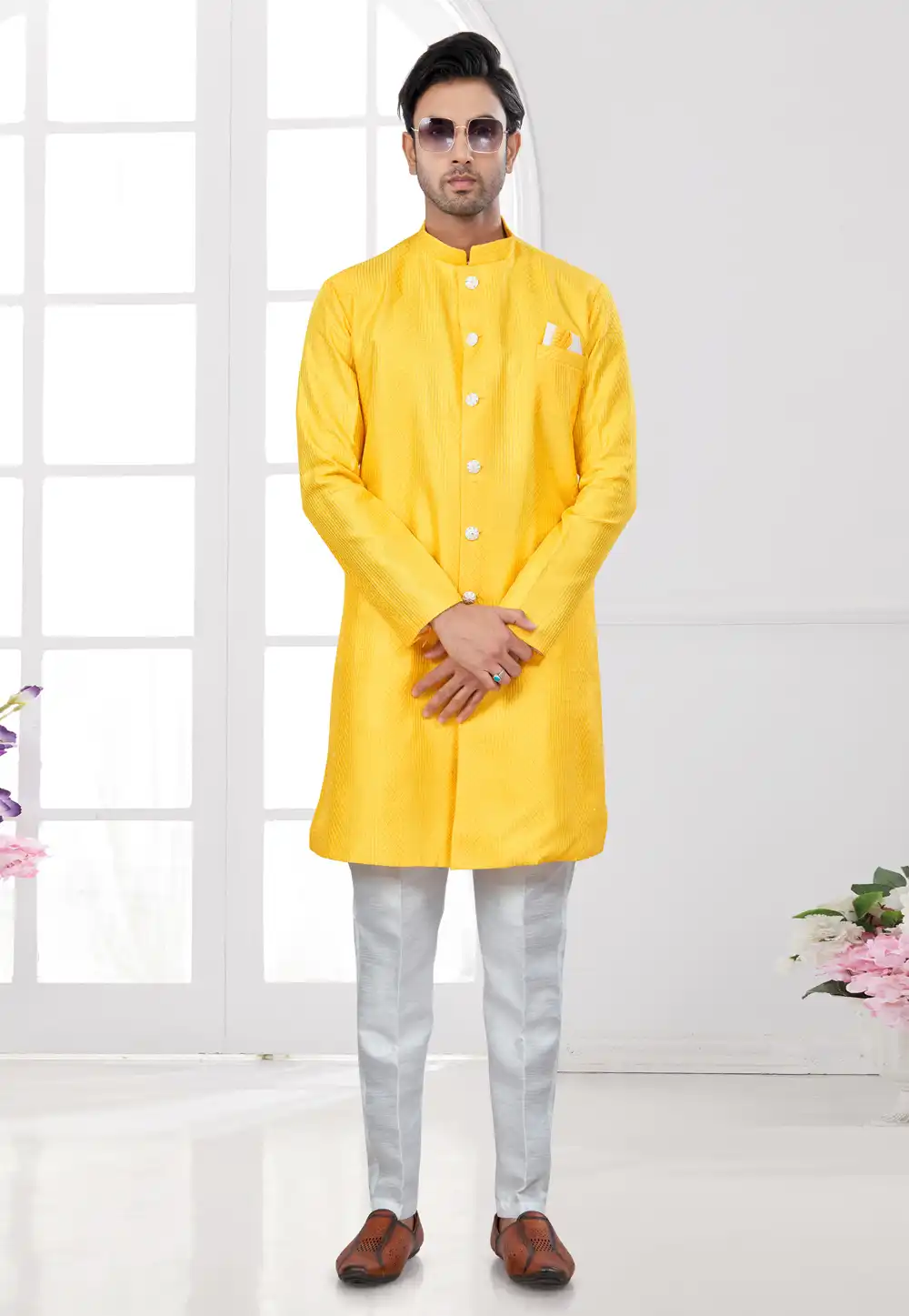 Yellow Silk Indo Western Suit 294543