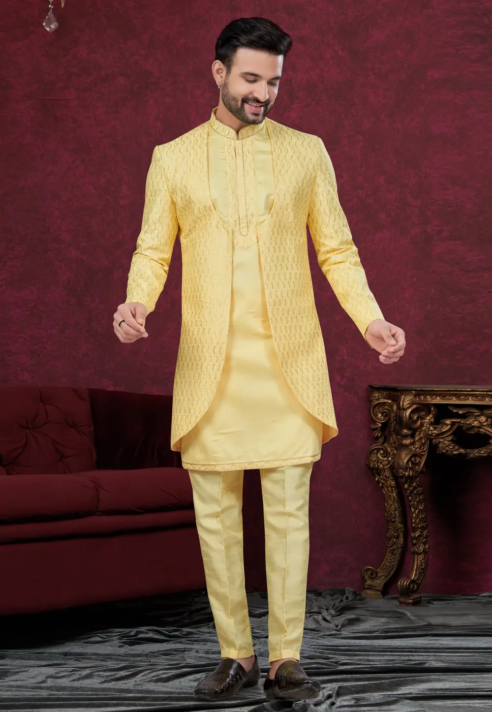 Yellow Silk Indo Western Suit 295588