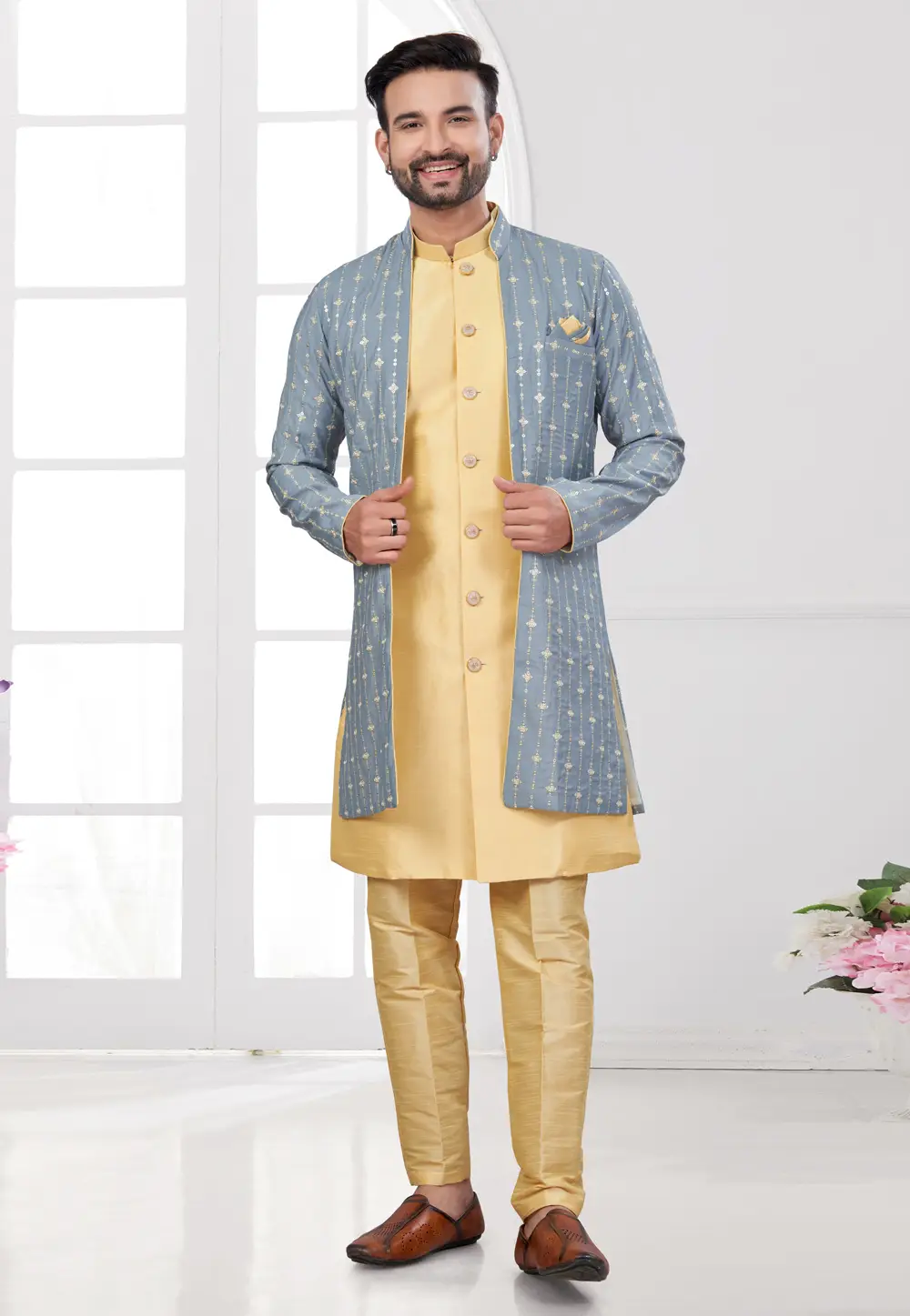 Yellow Silk Indo Western Suit 295598