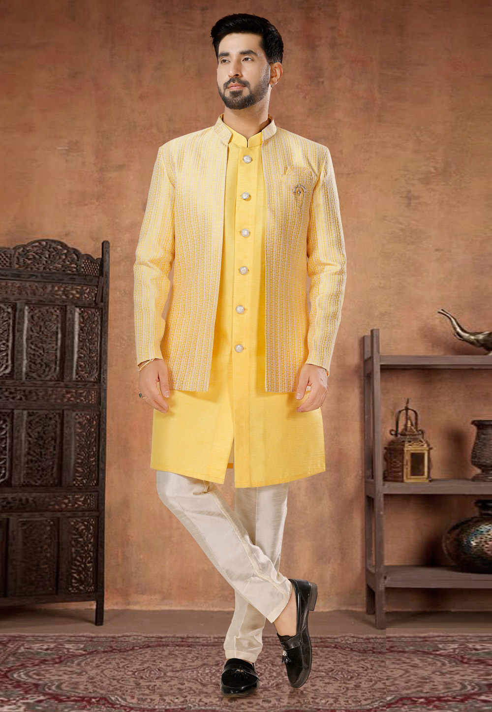 Yellow Silk Indo Western Suit 282985