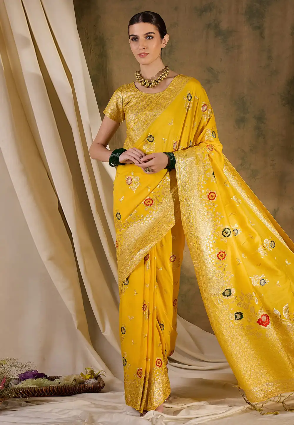 Yellow Silk Jacquard Saree With Blouse 289608