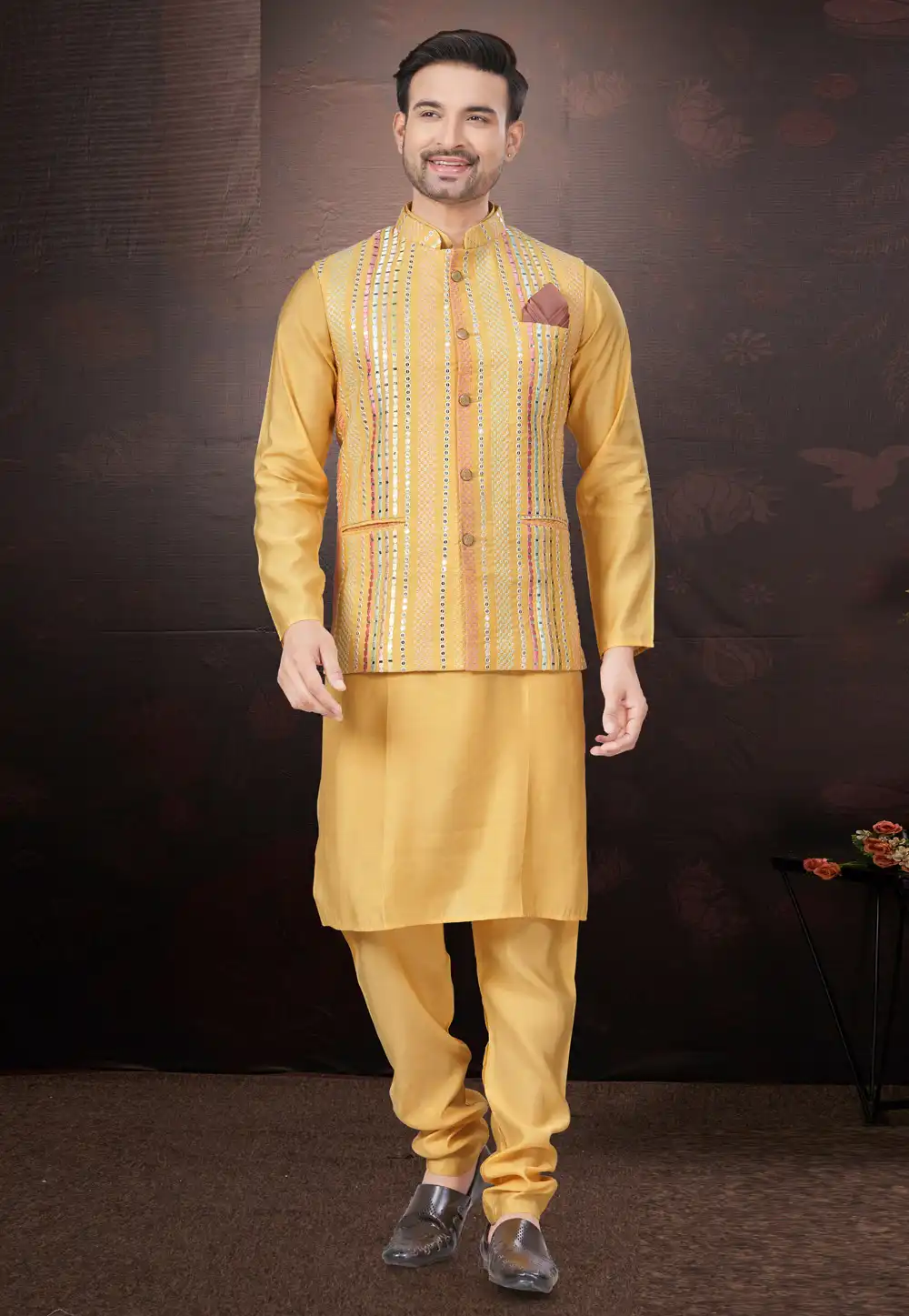 Yellow Silk Kurta Pajama With Jacket 291307