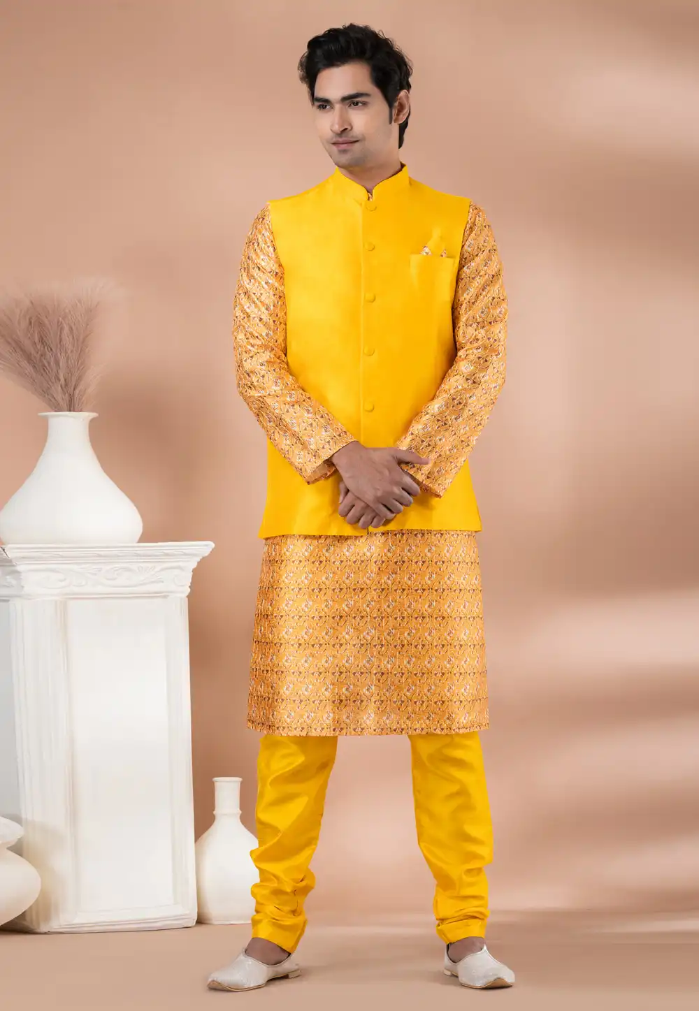 Yellow Silk Kurta Pajama With Jacket 288695