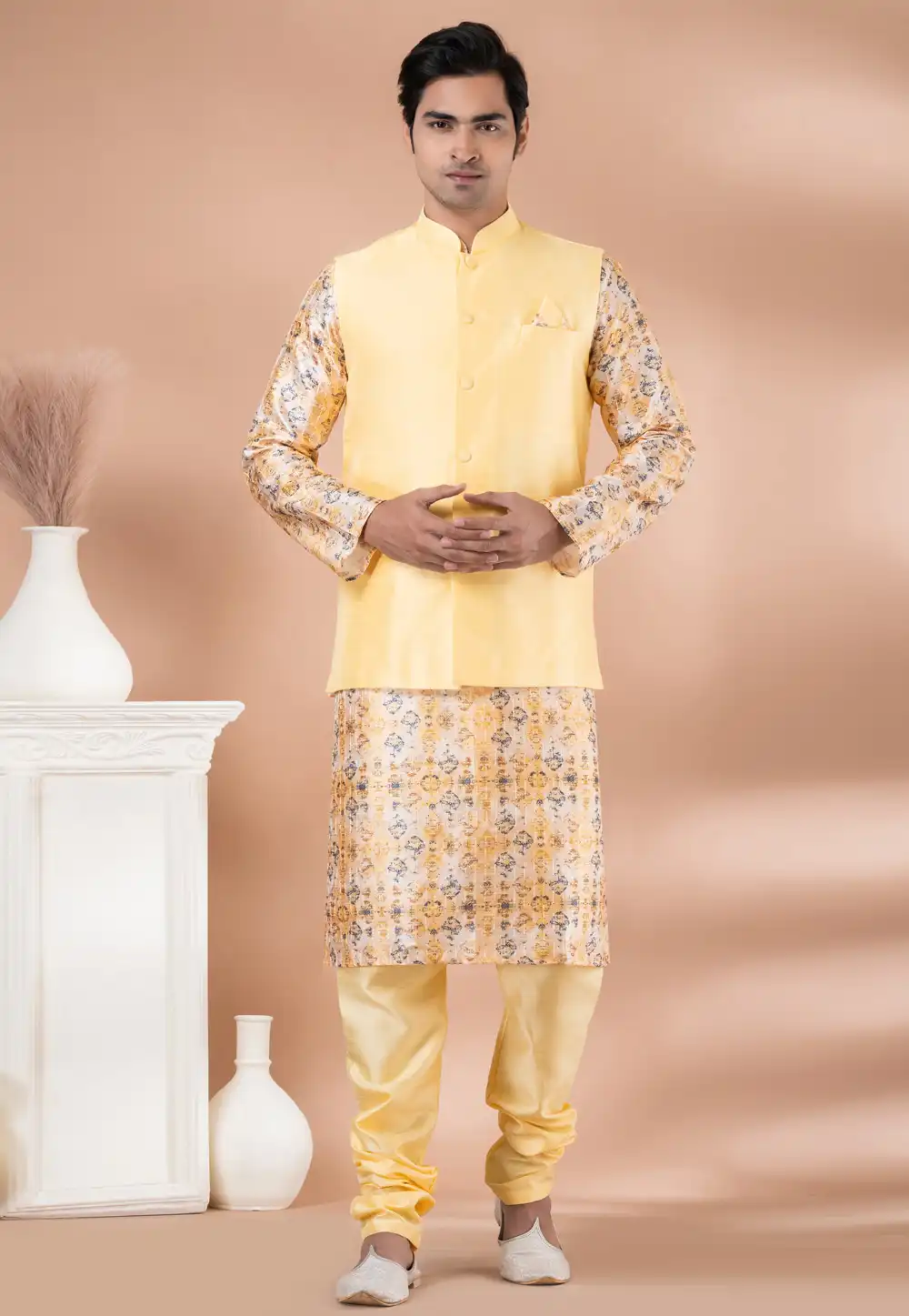 Yellow Silk Kurta Pajama With Jacket 288696