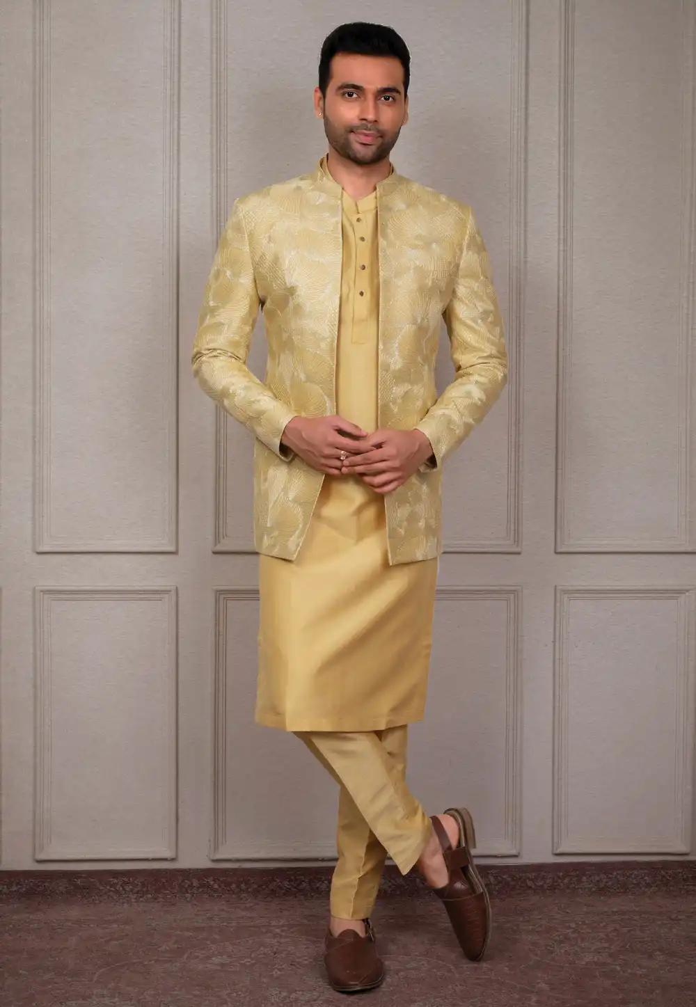 Yellow Silk Kurta Pajama With Jacket 293906