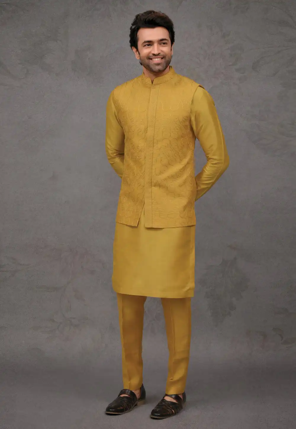 Yellow Silk Kurta Pajama With Jacket 293925