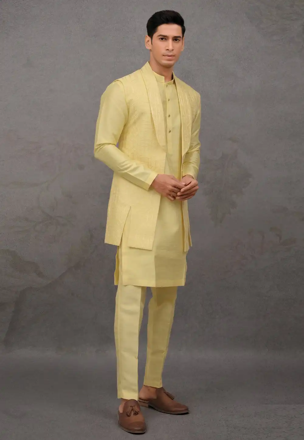 Yellow Silk Kurta Pajama With Jacket 293928