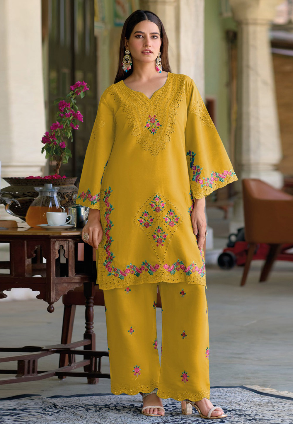 Yellow Silk Kurta Set With Palazzo 309579