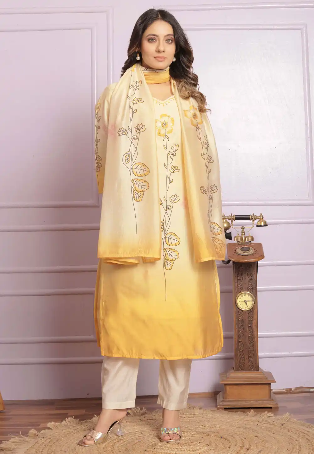 Yellow Silk Readymade Pant Style Suit 289140
