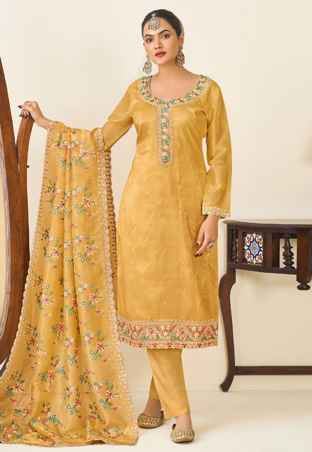 Yellow Silk Pant Style Suit 309323