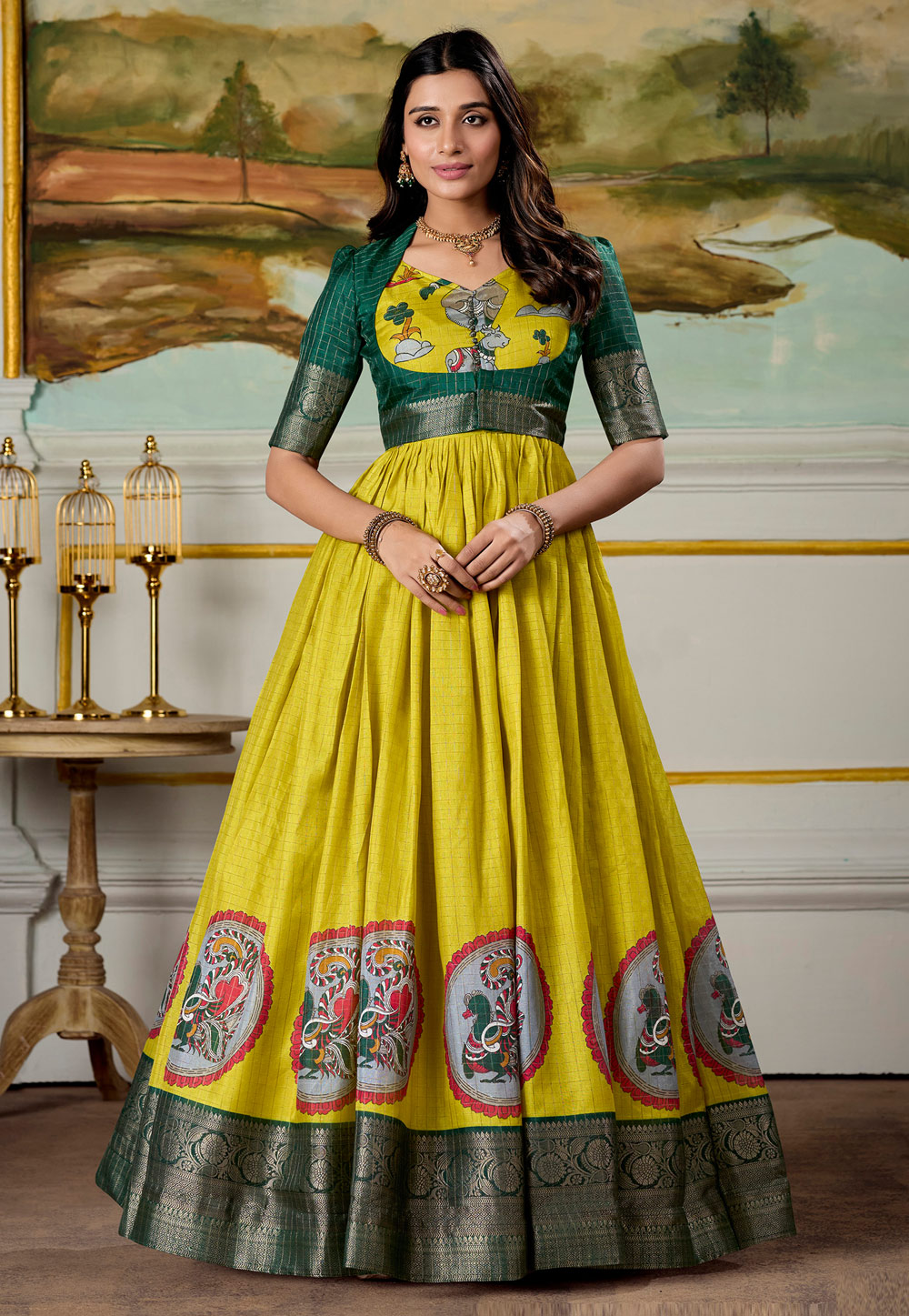 Yellow Silk Printed Gown 310611