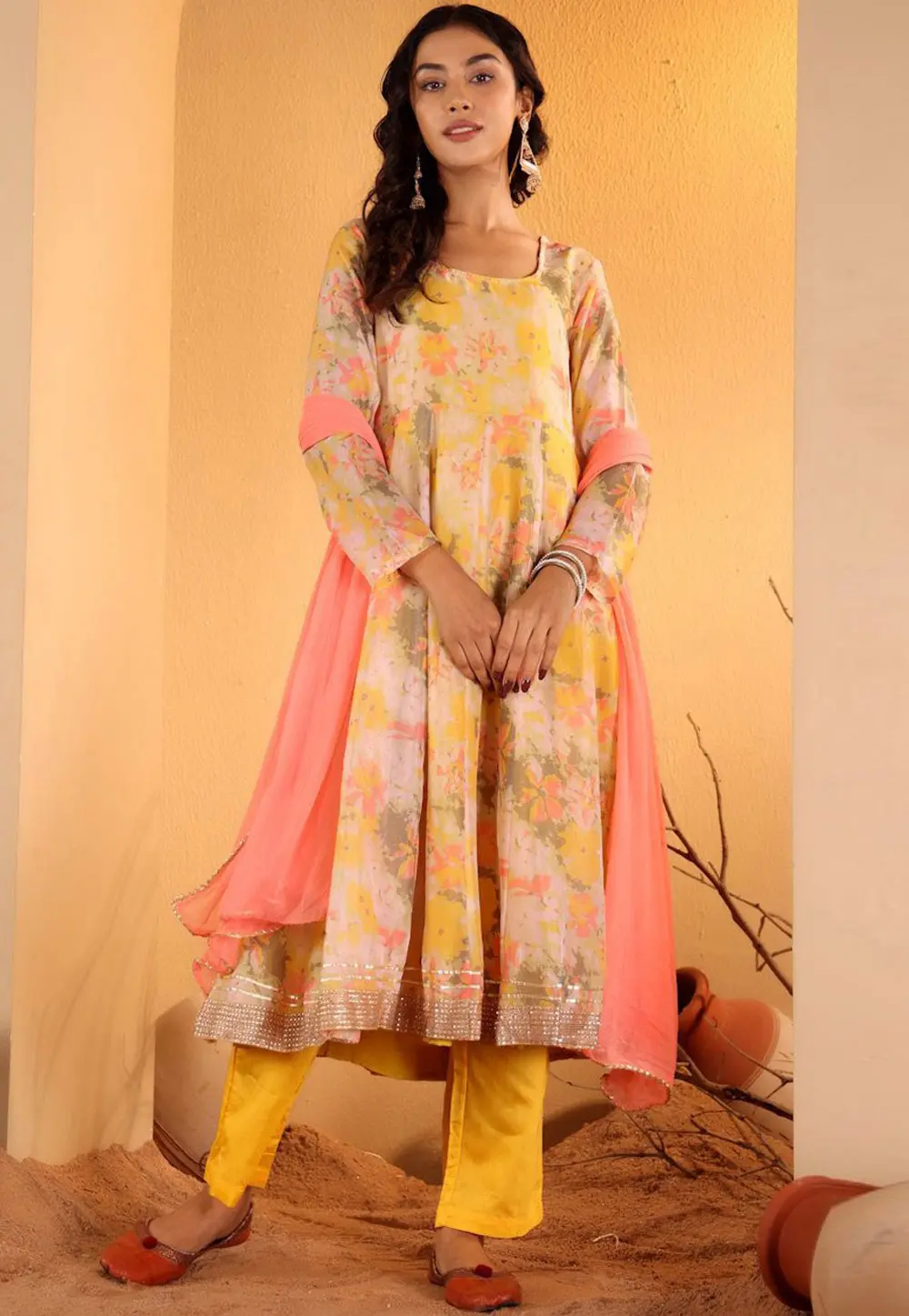 Yellow Silk Readymade Anarkali Suit 302878