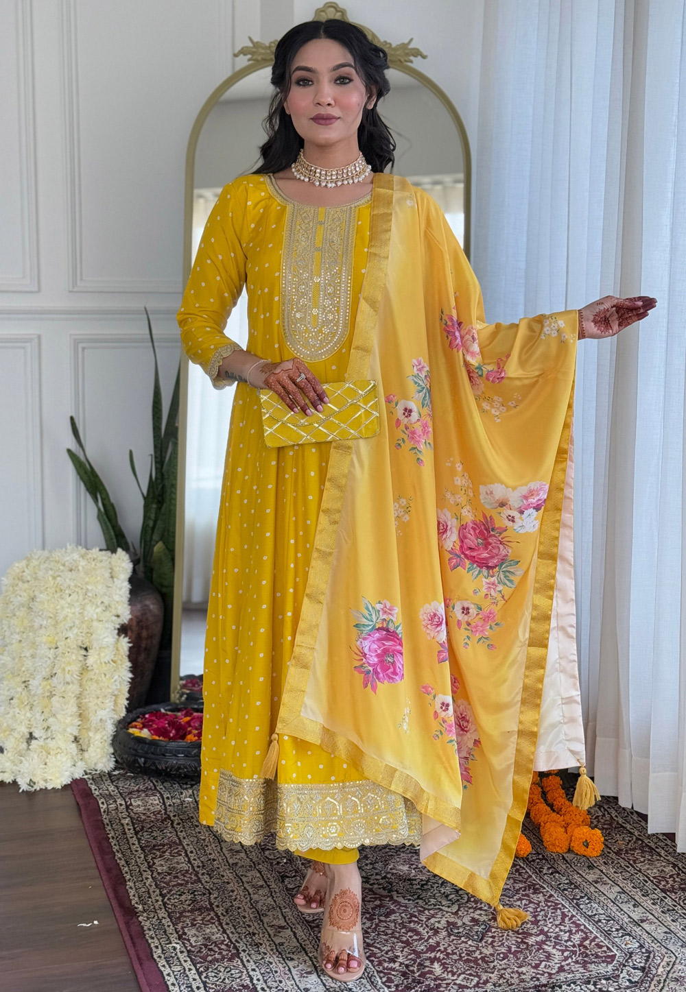 Yellow Silk Readymade Anarkali Suit 306571