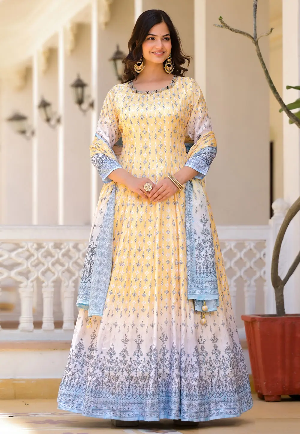 Yellow Silk Readymade Long Anarkali Suit 299760